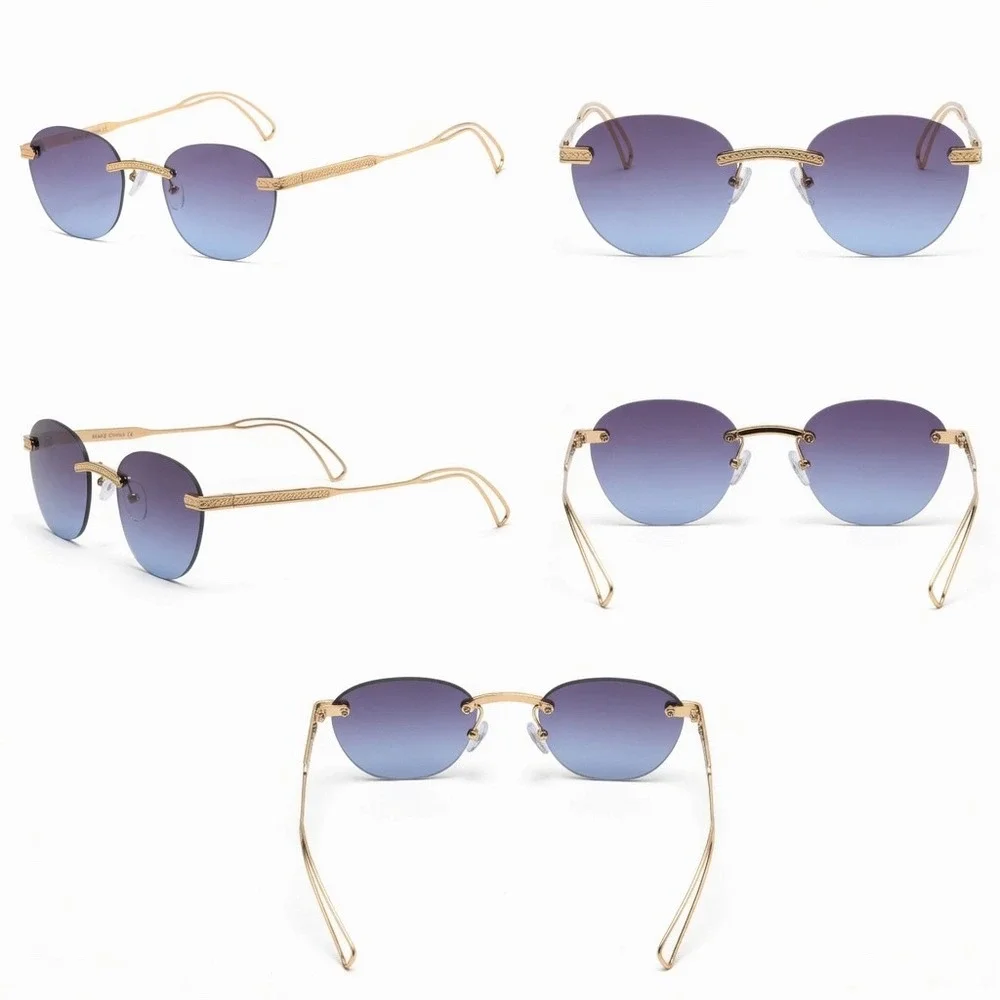Mens Rimless Gold Round Sunglasses Blue Gradient Lens Metal Frame Hip Hop Trendy
